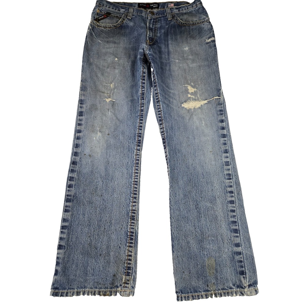 Ariat FR M4 Blue Jeans Mens Size 35 x 34 Western Distressed Bootcut Low Rise